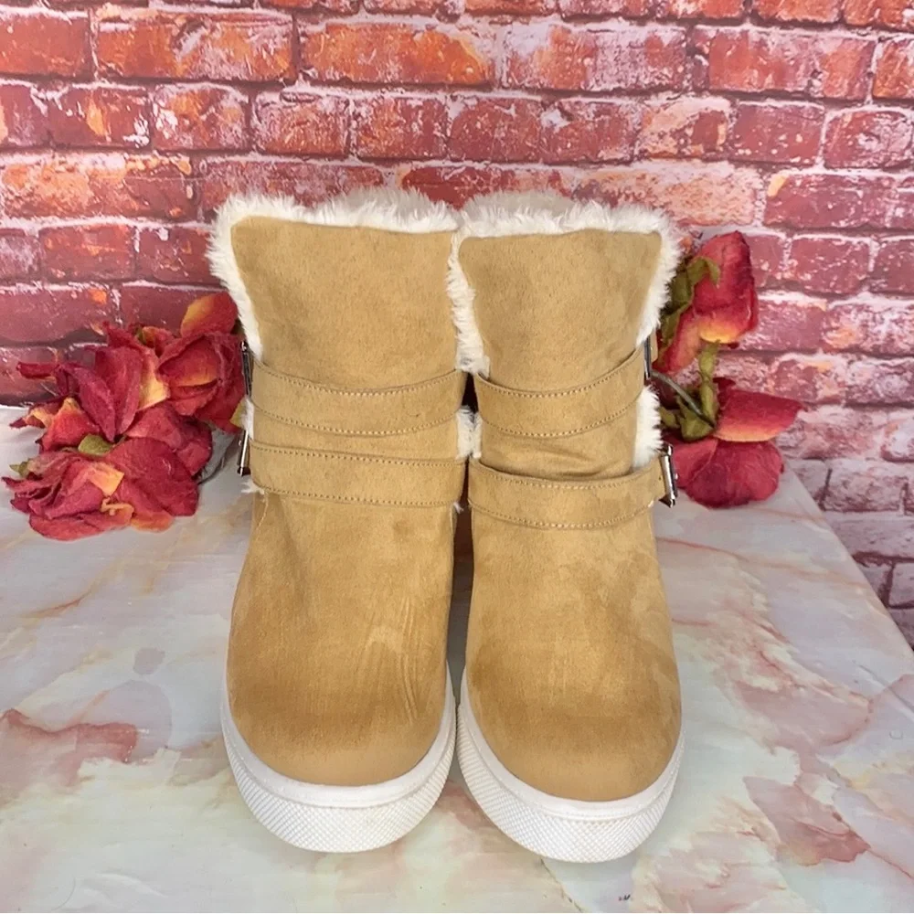 Madden NYC Tan Suede Faux Fur Peytonn Wedge Ankle Boots